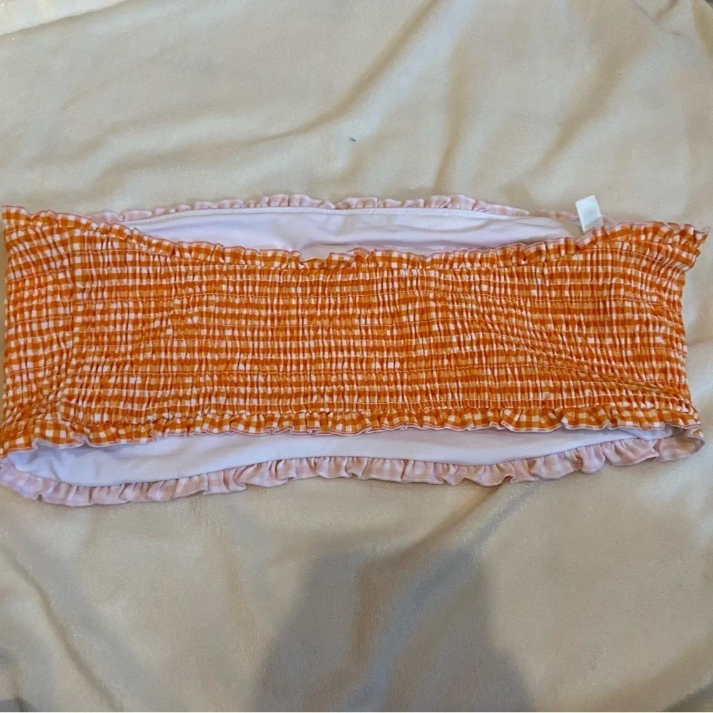 New! Frankie's Bikinis Iris Orange White Gingham Bandeau bikini Top 1575